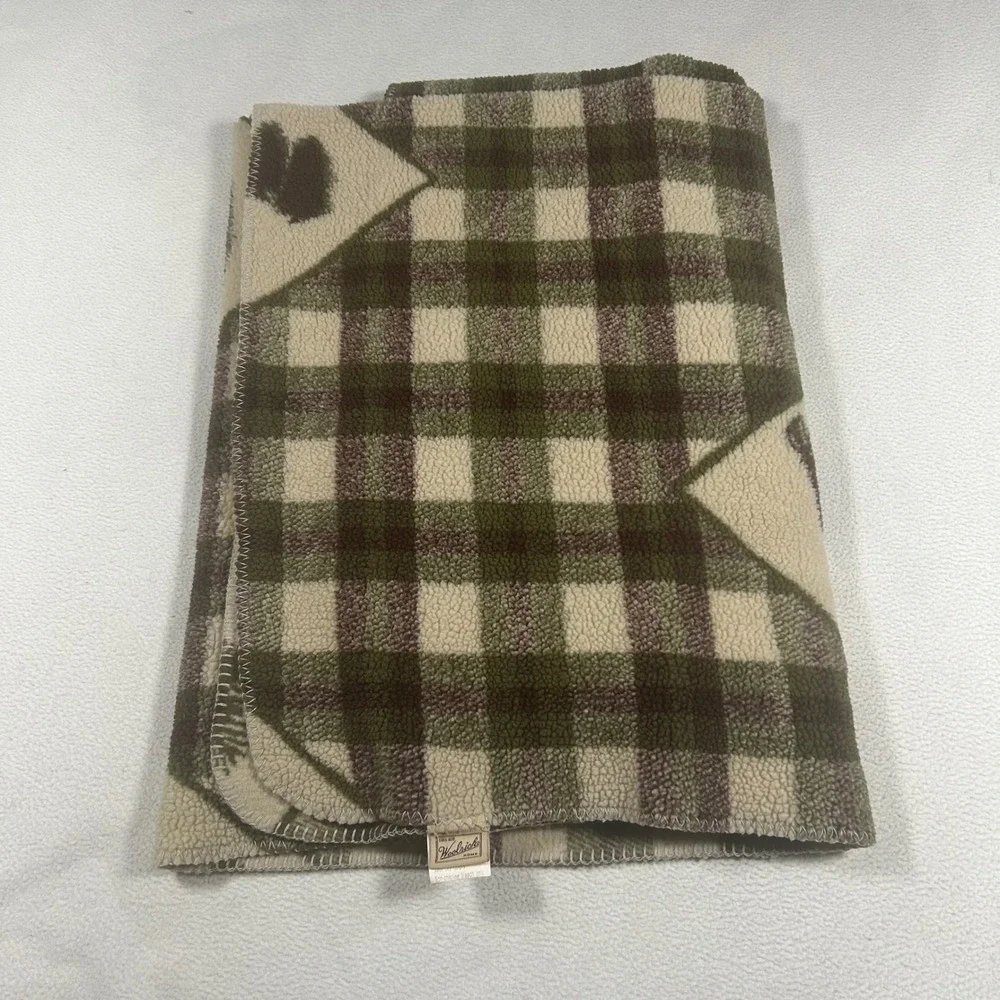 Woolrich Fleece Throw Blanket Green Brown Plaid Moose Pine Cabin Lodge 69x48